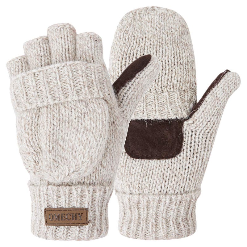 OMECHY Winter Knitted Fingerless Wool Gloves Thermal Insulation Warm Convertible Mittens Flap Cover for Men Women - Image 1